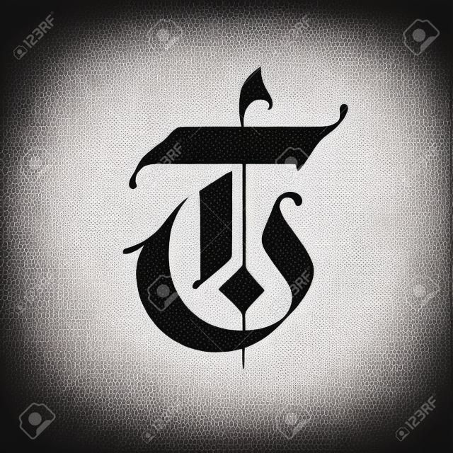 Letter T, in the Gothic style. Vector. Alphabet. The symbol is isolated on a white background. Calligraphy and lettering. Medieval Latin letter. Logo for the company. Monogram. Elegant font for tattoo.