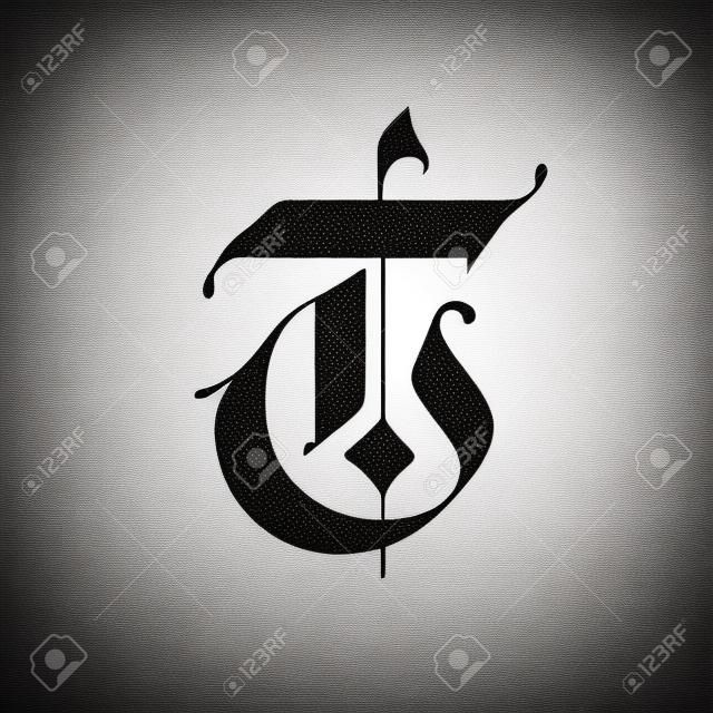 Letter T, in the Gothic style. Vector. Alphabet. The symbol is isolated on a white background. Calligraphy and lettering. Medieval Latin letter. Logo for the company. Monogram. Elegant font for tattoo.