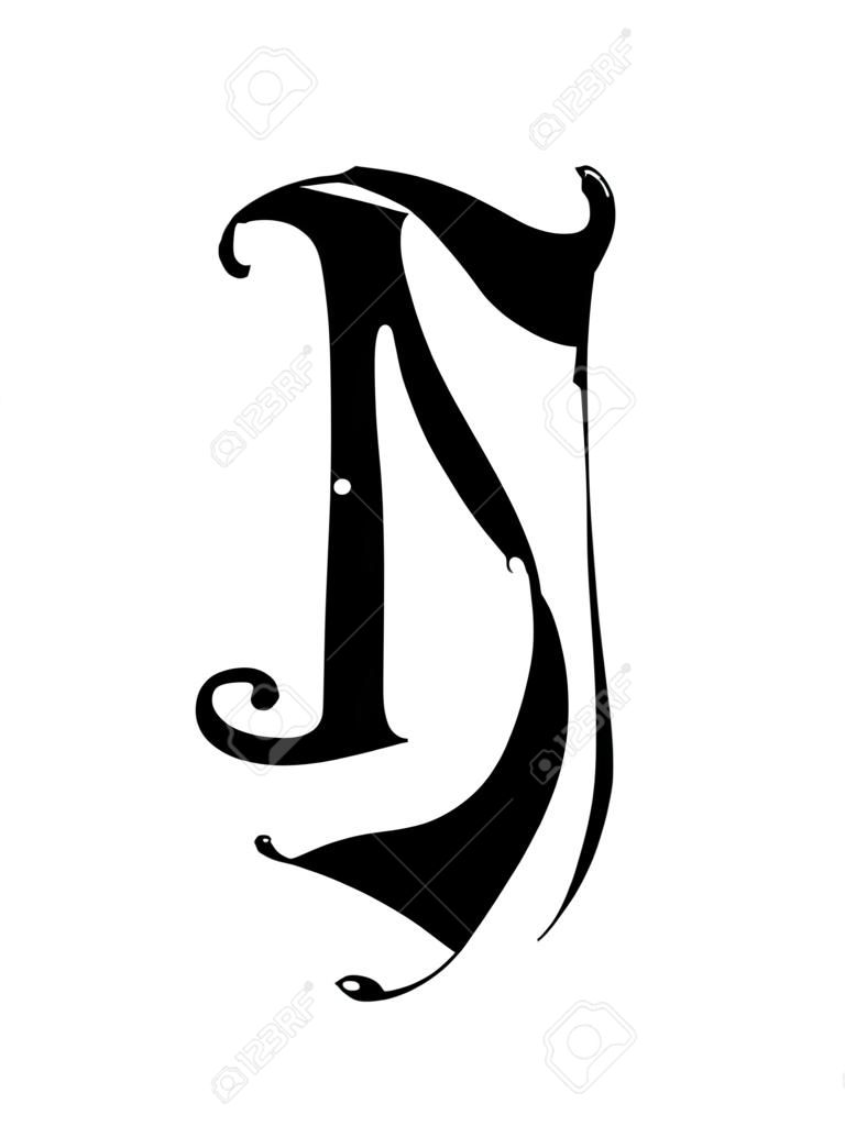 ゴシック様式の文字J。ベクトル。アルファベット。シンボルは、黄金の背景に分離されています。書道とレタリング。中世のラテン文字。会社のロゴ。モノグラム。タトゥーのためのエレガントなフォント。