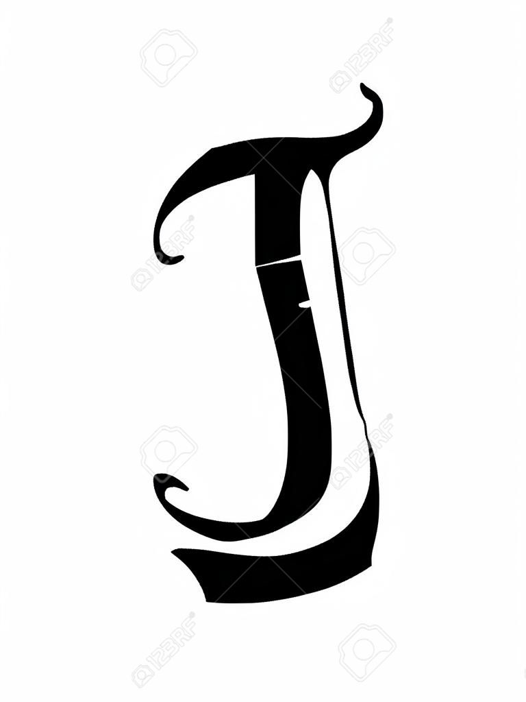 고딕 스타일의 문자 J. 벡터. 알파벳. 기호는 황금 배경에 격리됩니다. 서예와 글자. 중세 라틴 문자. 회사 로고. 모노그램. 문신을위한 우아한 글꼴.