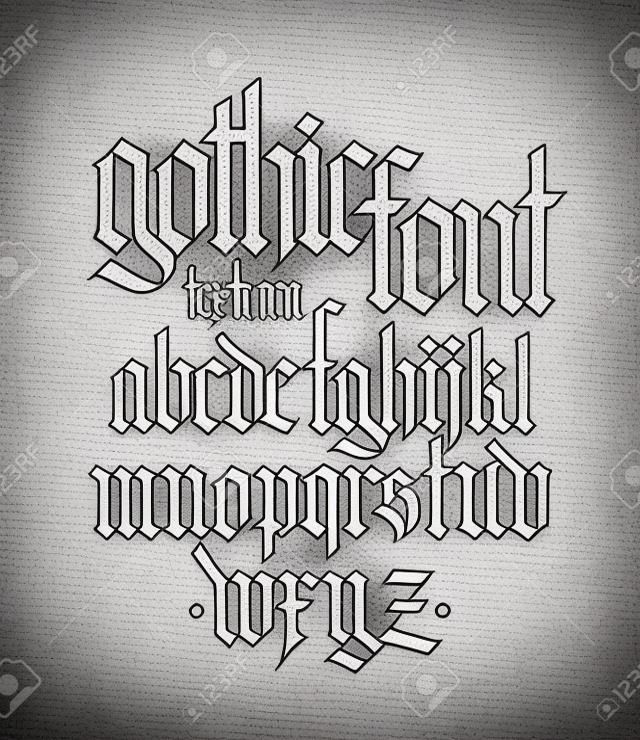 Gothic, English alphabet. Vector set. Font for tattoo, personal and commercial purposes. Elements isolated on white background. Calligraphy and lettering. Medieval Latin letters.