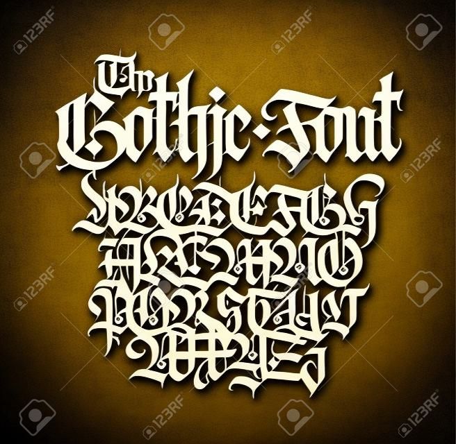 Gothic. Vector. Uppercase and lowercase letters on a yellow background. Beautiful and stylish calligraphy. Elegant European typeface for tattoo and design. Medieval Germanic modern style.