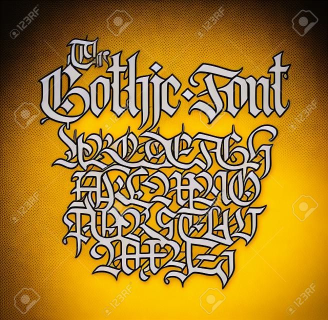 Gothic. Vector. Uppercase and lowercase letters on a yellow background. Beautiful and stylish calligraphy. Elegant European typeface for tattoo and design. Medieval Germanic modern style.