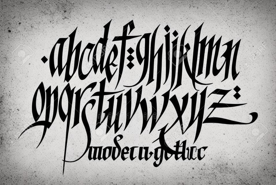 Pseudo-gothic, English alphabet. Vector. Font for tattoo, personal and commercial purposes. Letters and elements are isolated on a white background. Calligraphy for inscriptions. All letters are separate. Modern style.