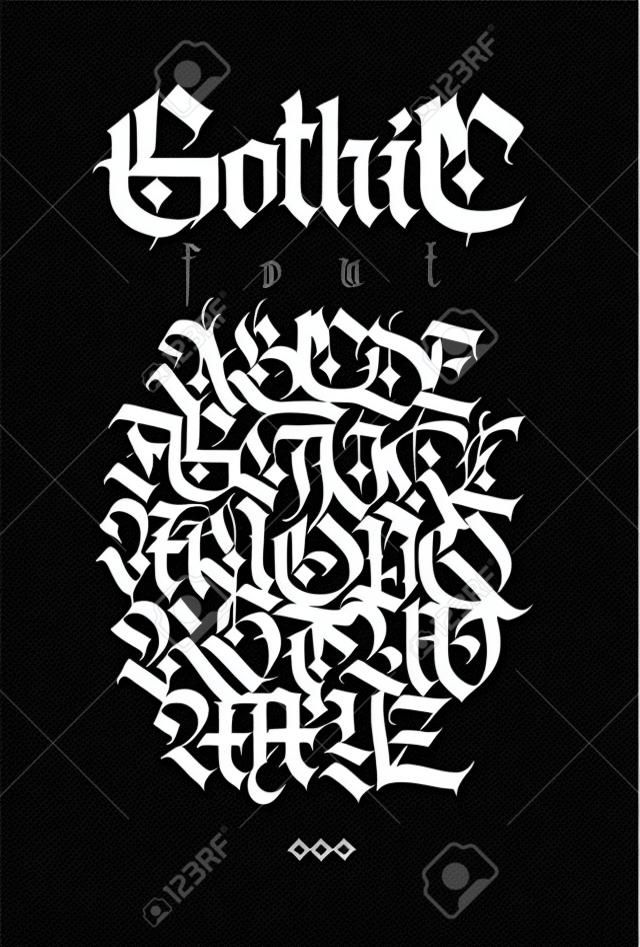 Gotisch. Vektor. weiße groß- und kleinbuchstaben auf schwarzem hintergrund. schöne und stilvolle kalligrafie. elegante europäische schrift für tätowierung und design. mittelalterlicher germanischer moderner Stil.