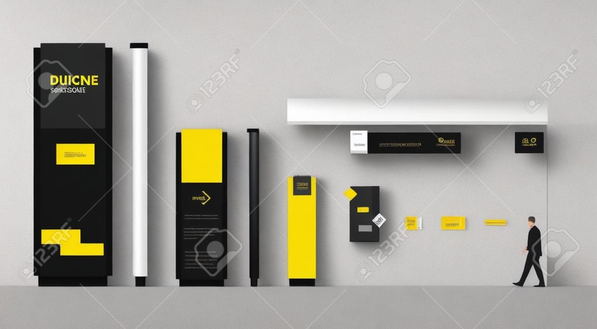 외부 및 내부 간판. 방향, 기둥 및 교통 표지판 시스템 디자인 템플릿 집합입니다. 로고, 텍스트 금색 및 검은색 기업 ID를 위한 빈 공간
