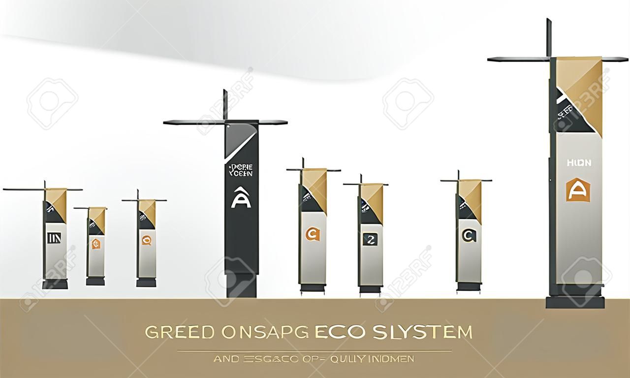 exterior and interior green eco signage concept. direction, pole, wall mount and traffic signage system design template set. empty space for logo, text corporate identity