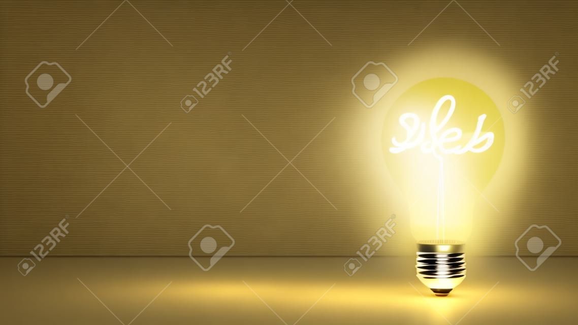 電球に輝くアイデアワード。創造性と革新のコンセプト、3Dレンダリング