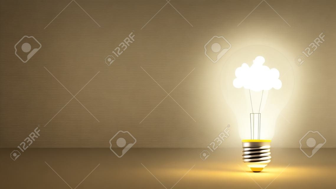 電球に輝くアイデアワード。創造性と革新のコンセプト、3Dレンダリング