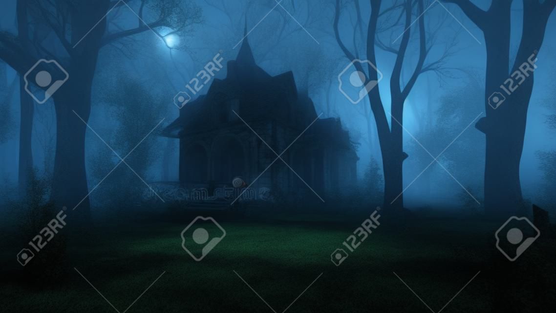冷たい霧の雰囲気のある不気味な夜の森にある古い幽霊の出る廃墟の邸宅、3Dレンダリング