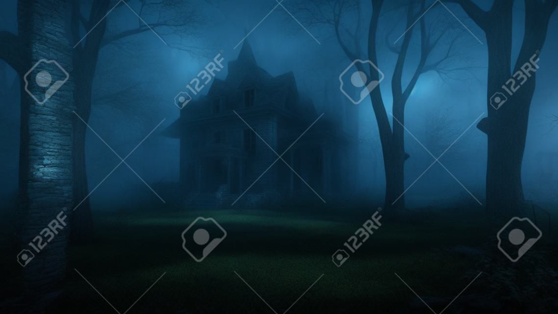 Vecchio palazzo abbandonato infestato in una foresta notturna inquietante con atmosfera di nebbia fredda, rendering 3d