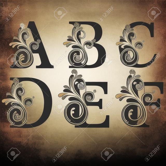 Letras mayúsculas A, B, C, D, E y F con diseño de vector floral vintage
