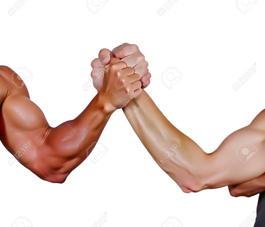 Due potenti uomini braccio di ferro isolato su uno sfondo bianco