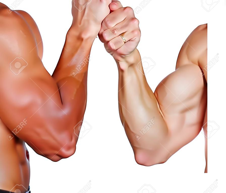 Due potenti uomini braccio di ferro isolato su uno sfondo bianco