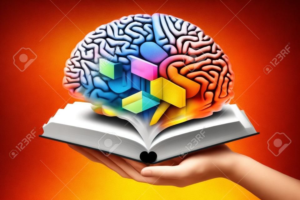 Cervello umano su uno sfondo libro e colore. concetto astratto minimo di scuola, cultura, intelligenza, lettura o istruzione. ai generativo