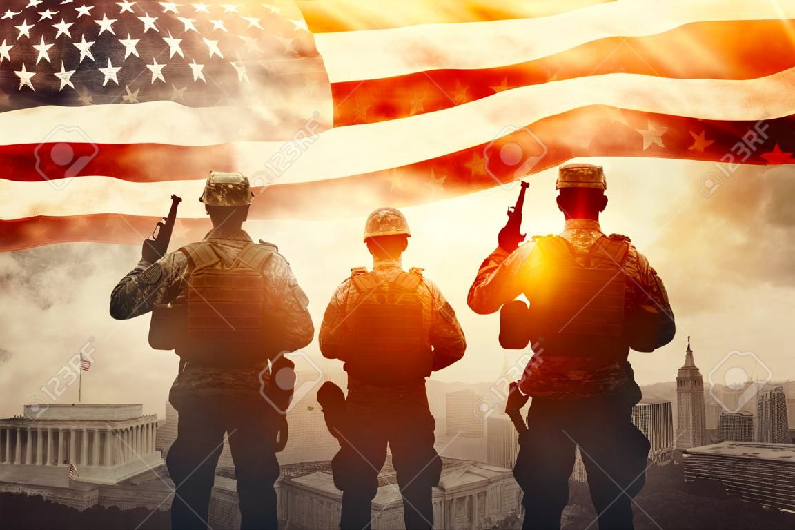 Illustration for Independence Day of the United States, July 4th - Soldiers with American flag under a beautiful sun by generative AI