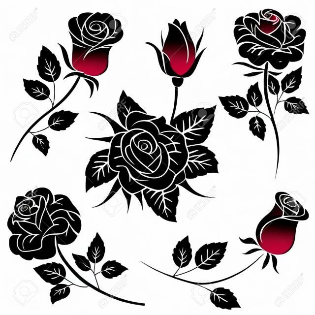 Silueta de flores de Rosa aisladas sobre fondo blanco. Ilustración vectorial