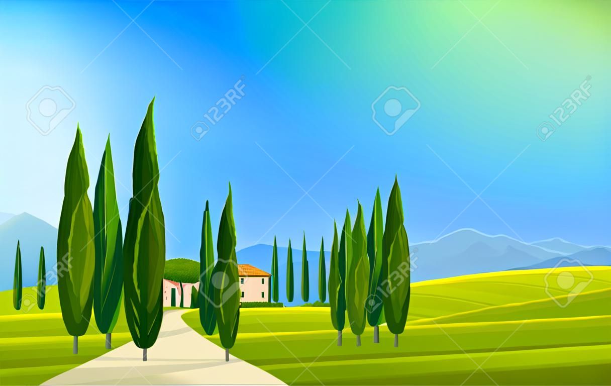 Italia. Paisaje matutino italiano. Amplio panorama rural en primavera o verano. Prados, montañas y casas. ilustración vectorial