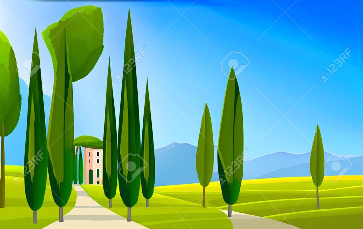 Italia. Paisaje matutino italiano. Amplio panorama rural en primavera o verano. Prados, montañas y casas. ilustración vectorial