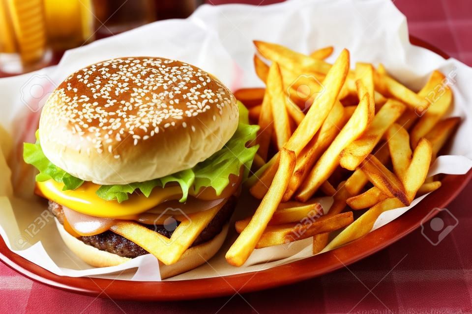 Burger und Pommes frites im Korb auf Tischdecke. Ketchup- und Senfflasche im Hintergrund. Nahansicht.
