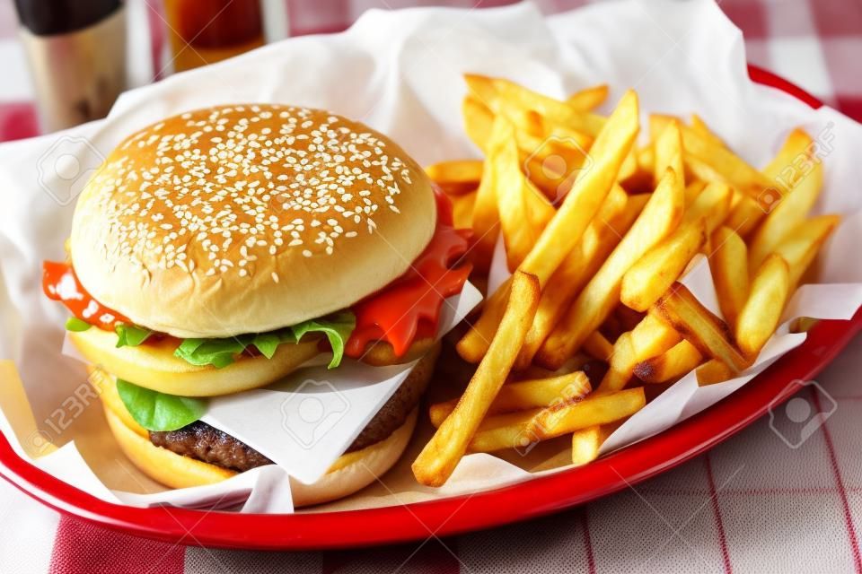 Burger und Pommes frites im Korb auf Tischdecke. Ketchup- und Senfflasche im Hintergrund. Nahansicht.