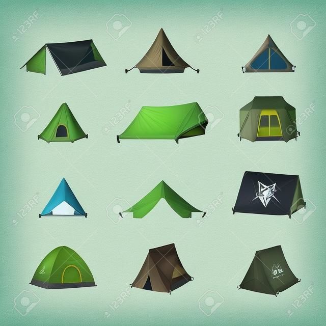 Wandelen en kamperen tent iconen. Driehoek en koepel vintage design tenten collecties.