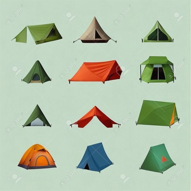 Wandelen en kamperen tent iconen. Driehoek en koepel vintage design tenten collecties.