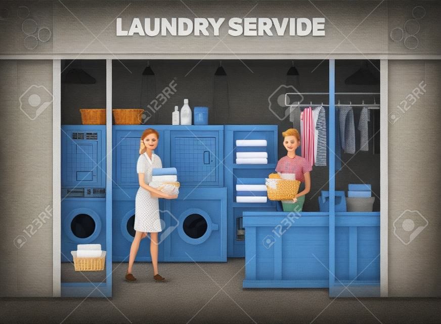 Laundry room facade with man and woman