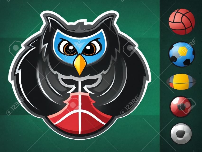 Mascote de equipe de esportes de coruja com vários ícones de bola esportiva