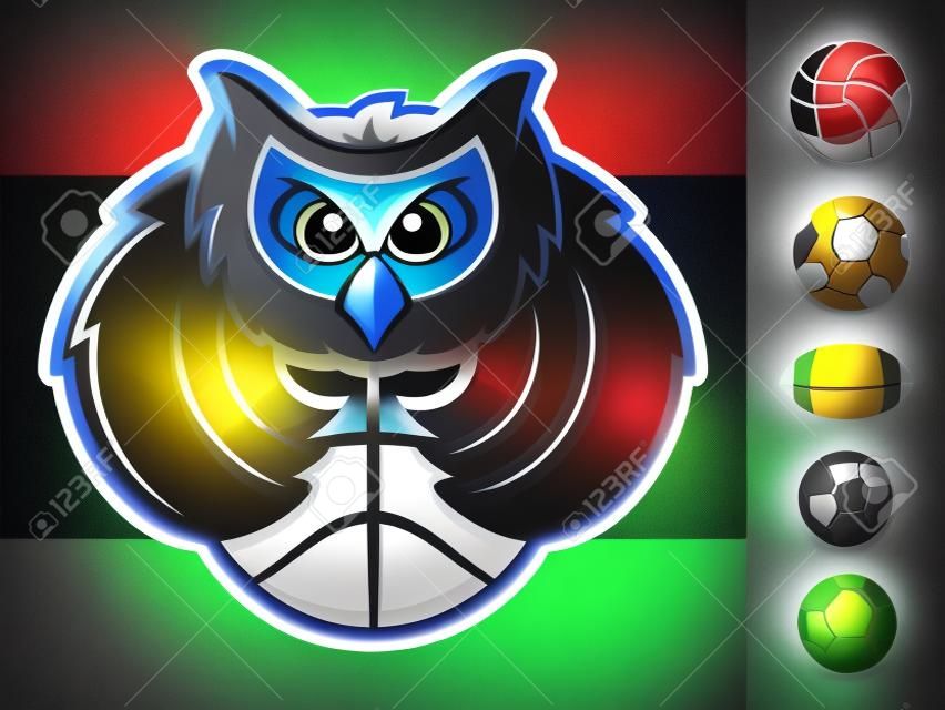 Mascote de equipe de esportes de coruja com vários ícones de bola esportiva