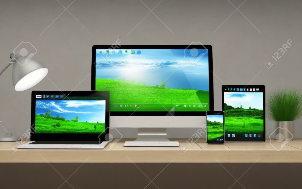 A computer, laptop, smartphone and tablet on a desktop workspace with video streaming online responsive website on screen. 3d rendering. All screen graphics are made up.