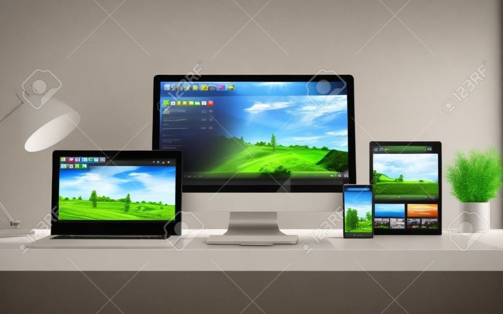 一台電腦，筆記本電腦，智能手機和平板電腦上的視頻流媒體在線網站響應在屏幕上的桌面工作空間。 3D渲染。所有的屏幕圖形組成。
