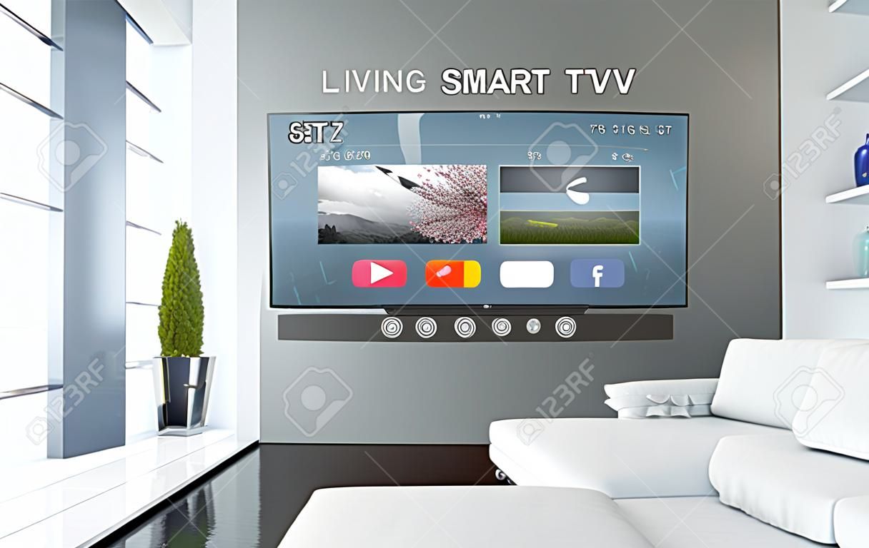 大屏幕智能電視在客廳。 3d渲染。