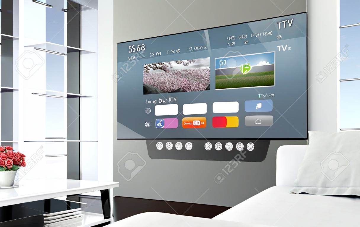 大屏幕智能電視在客廳。 3d渲染。