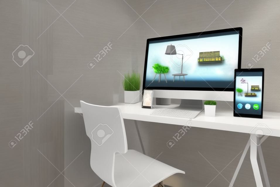 3d rendering of devices on desktop. interior design website home on screens.