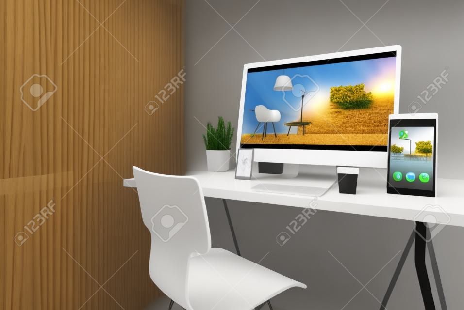 3d rendering van apparaten op desktop. interieur design website thuis op schermen.