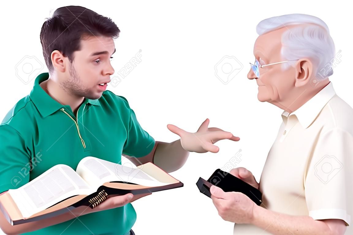 Młody ewangelista dzielenia słów Boga ze starego człowieka