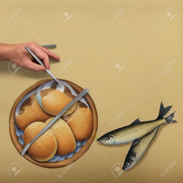 Dipingere a mano su un disegno di cinque pagnotte di pane e due pesci. Concetto cristiano sulla preparazione di uno studio biblico o di un messaggio al riguardo.