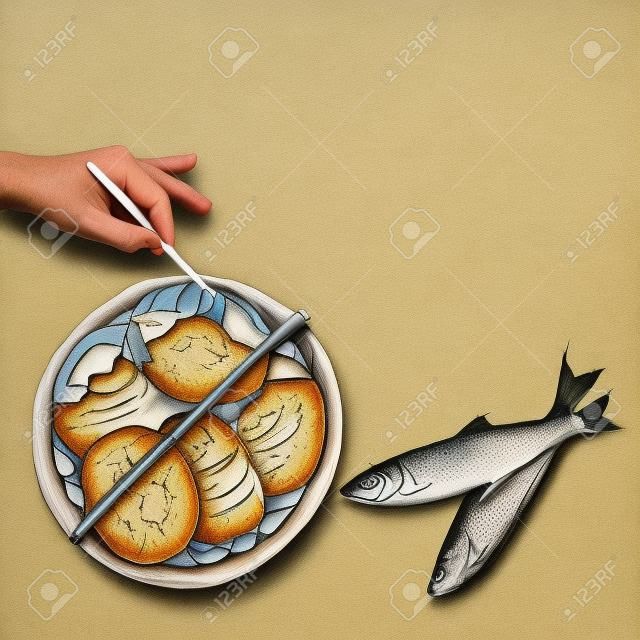 Dipingere a mano su un disegno di cinque pagnotte di pane e due pesci. Concetto cristiano sulla preparazione di uno studio biblico o di un messaggio al riguardo.