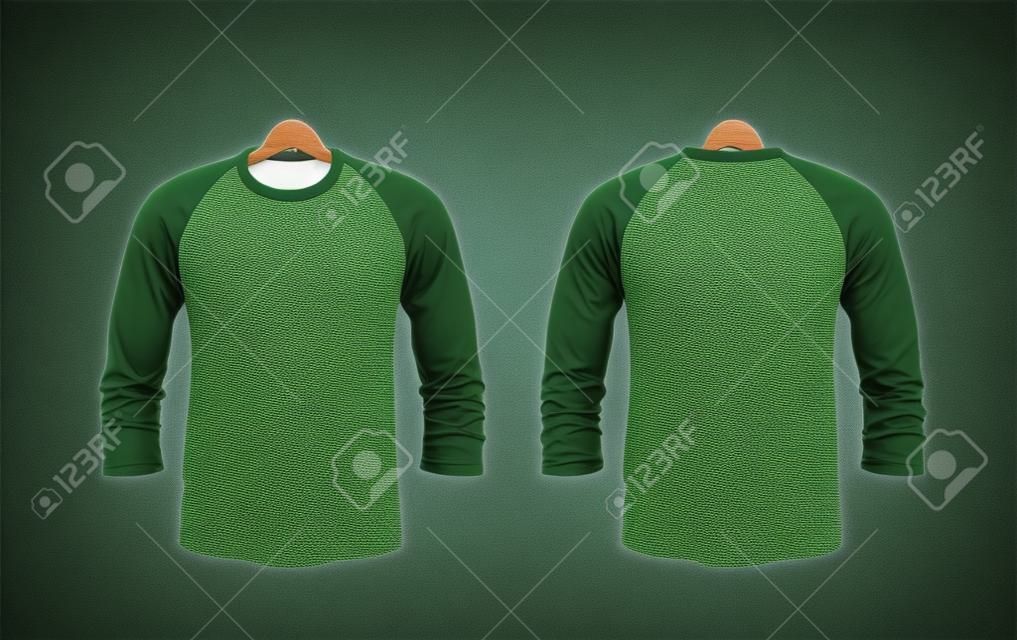 Maglietta da baseball da uomo a manica lunga con vestibilità slim e gruccia in legno. Modello di progettazione mock-up verde per il branding.
