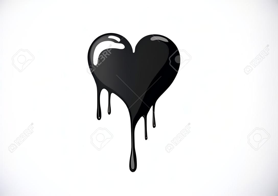 Schwarze Herzform, die mit Tropfen schmilzt. Blutiges Herzsymbol für Logo, Branding.