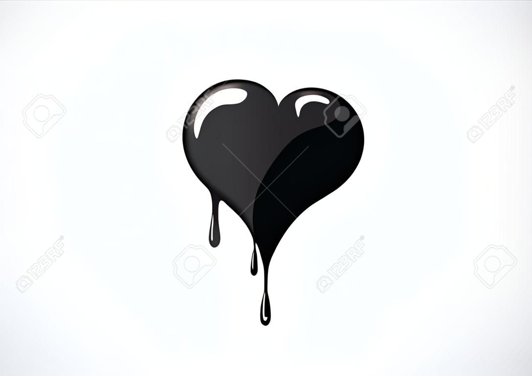 A forma di cuore nero che si scioglie con le gocce. Simbolo del cuore insanguinato per logo, branding.