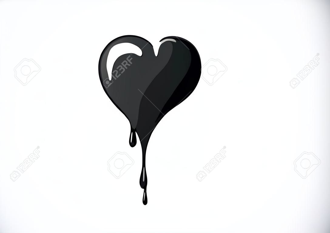黒いハートの形が滴で溶ける。ロゴ、ブランディングのための血まみれのハートシンボル。