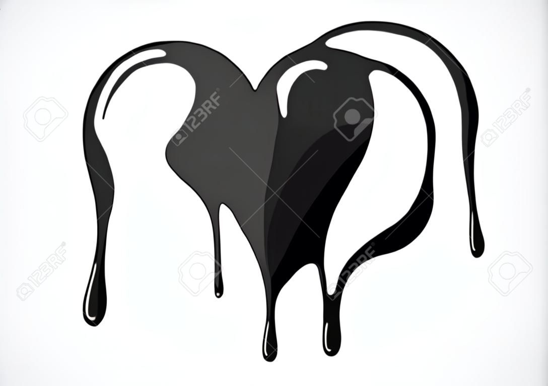Forme de coeur noir fondant avec des gouttes. Symbole de coeur sanglant pour le logo, l'image de marque.