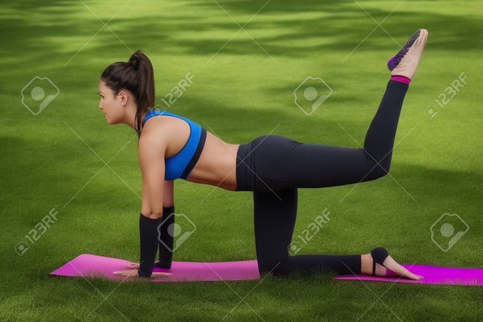 Bella donna forte bruna sportiva facendo pushup esercita su una stuoia di yoga nel parco