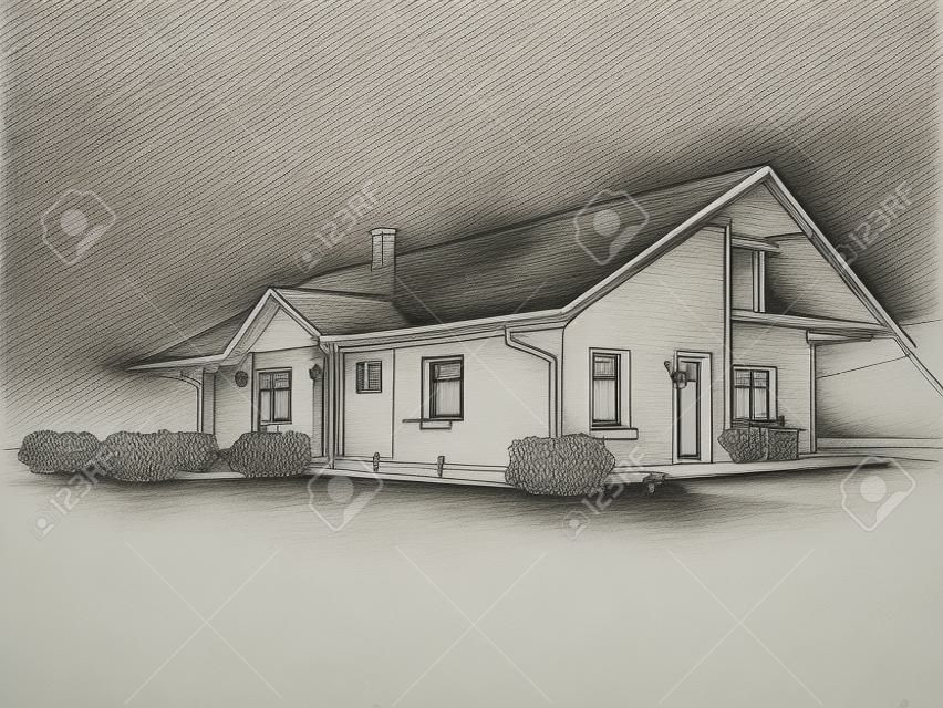 Illustation of a house. Black ink drawing.