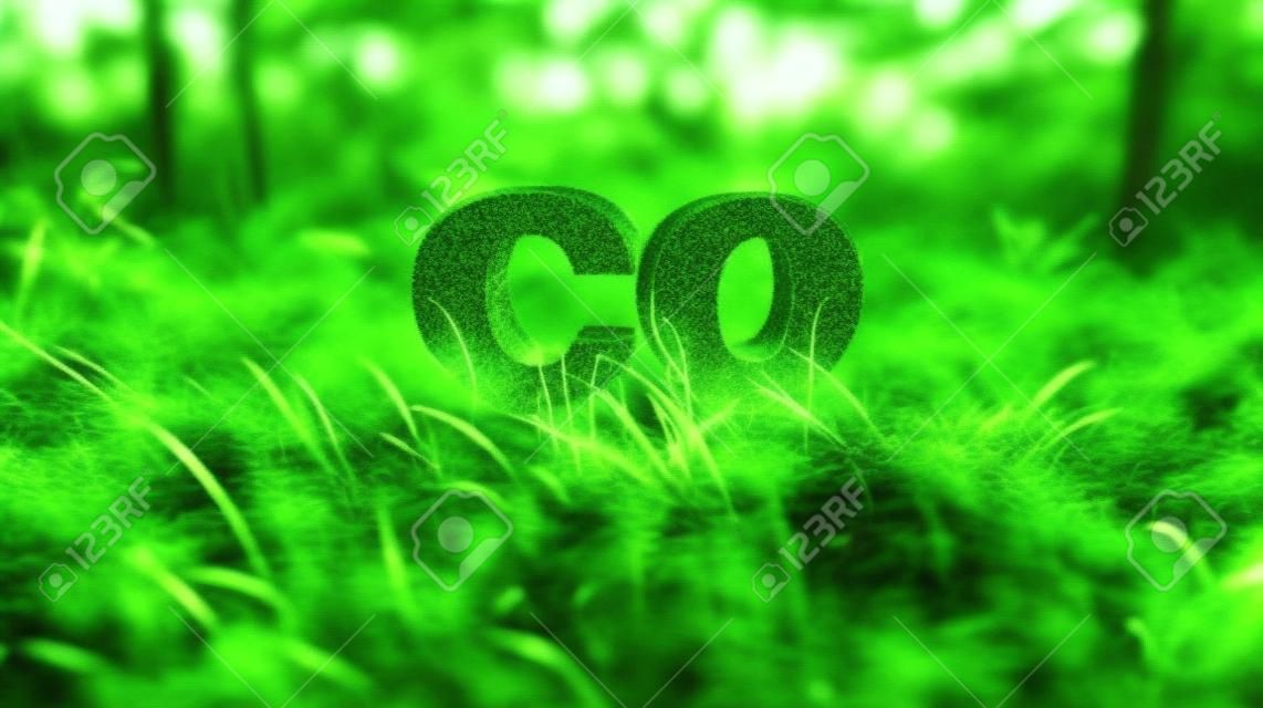 CO2-Symbol auf grünem Gras in einem Wald. Verringert den CO2-Fußabdruck, um die globale Erwärmung und den Klimawandel zu begrenzen. Nachhaltige Entwicklung und Unternehmen auf der Grundlage erneuerbarer Energien reduzieren das CO2-Emissionskonzept