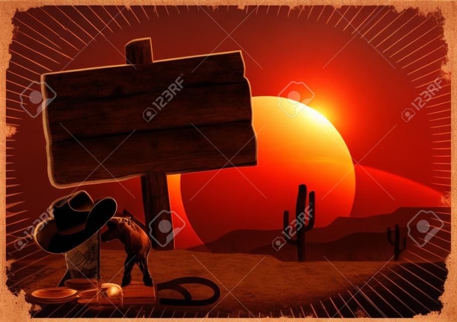 Elementos de vaquero sobre fondo sunset