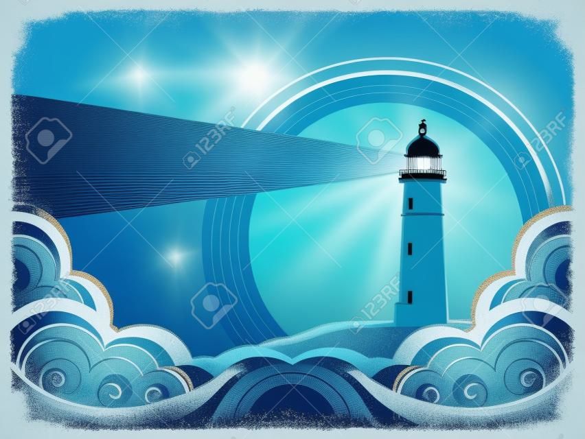 Lighthouse with blue sea.Vector grunge background for design of symbol card 