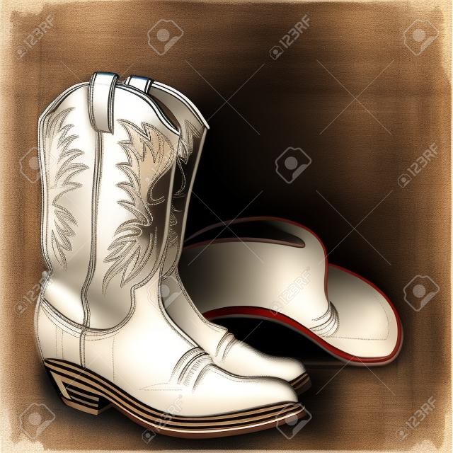 Las botas de vaquero y sombrero occidental. Ilustración Sketch